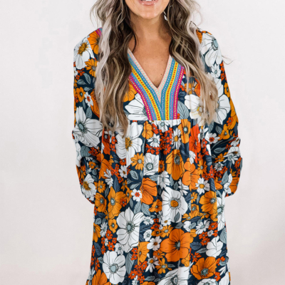 Alternative view of Brookelyn - Orange Floral Print Striped Lace V Neck Long Sleeve Mini Dress