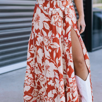 Rhea-Red High Slit Floral Western Cowgirl Maxi Skirt
