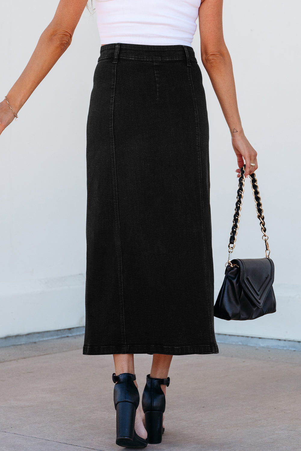 Lorna -Black Button Fly Denim Midi Skirt - Image 3