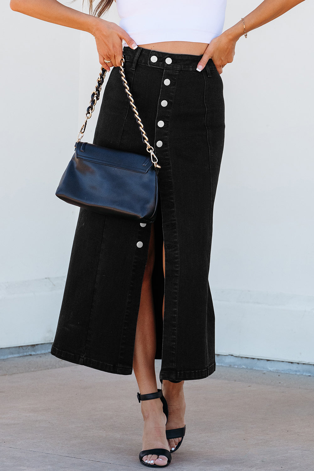 Lorna -Black Button Fly Denim Midi Skirt - Image 5