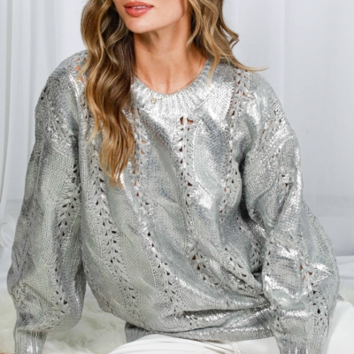 Jess - Crew Neck Cable Metallic Foil Knitted Sweater