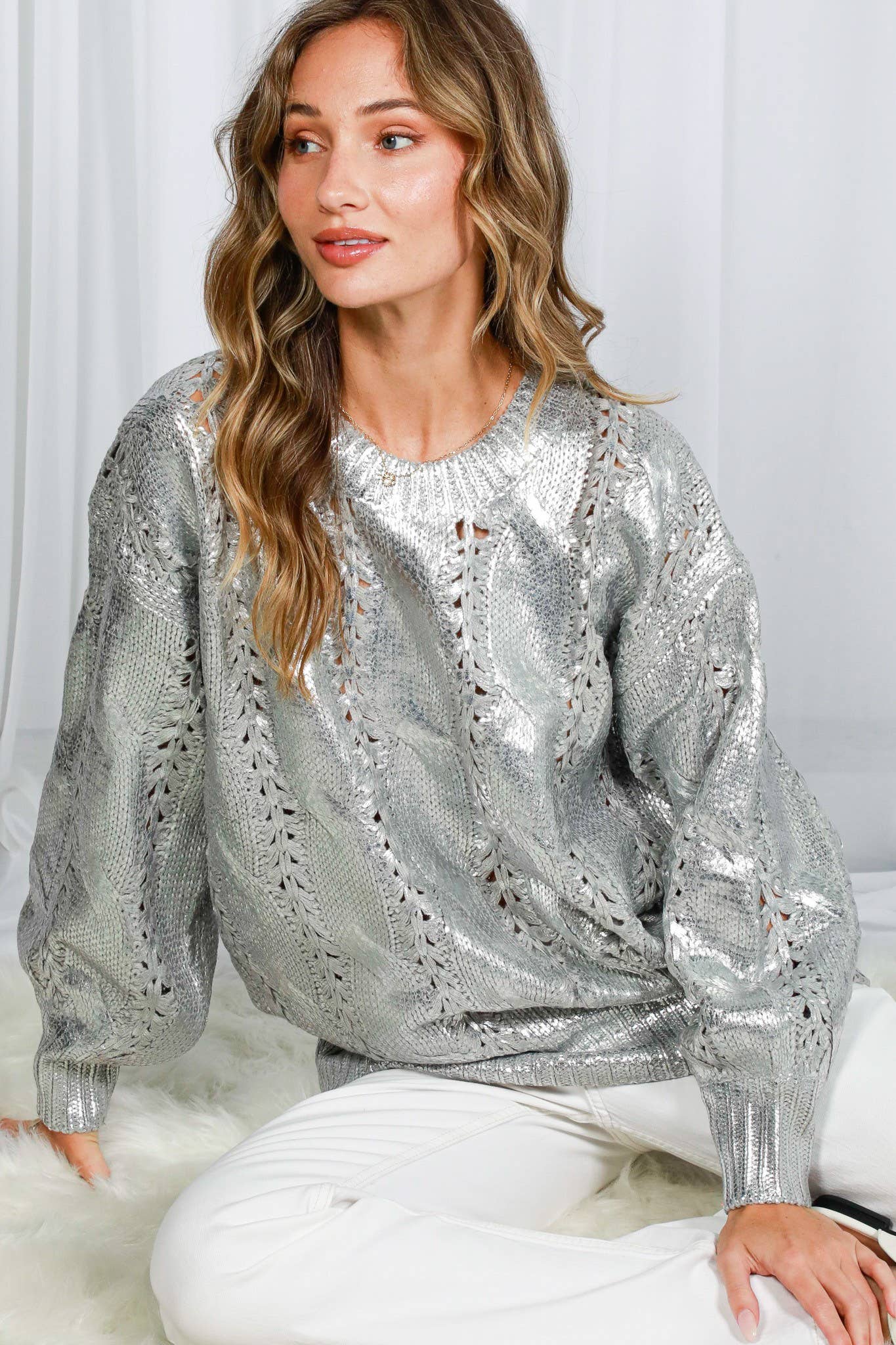 Jess - Crew Neck Cable Metallic Foil Knitted Sweater