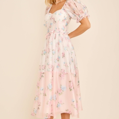 Cassy Floral print colorblock midi dress with puff short sleeves - Image 5
