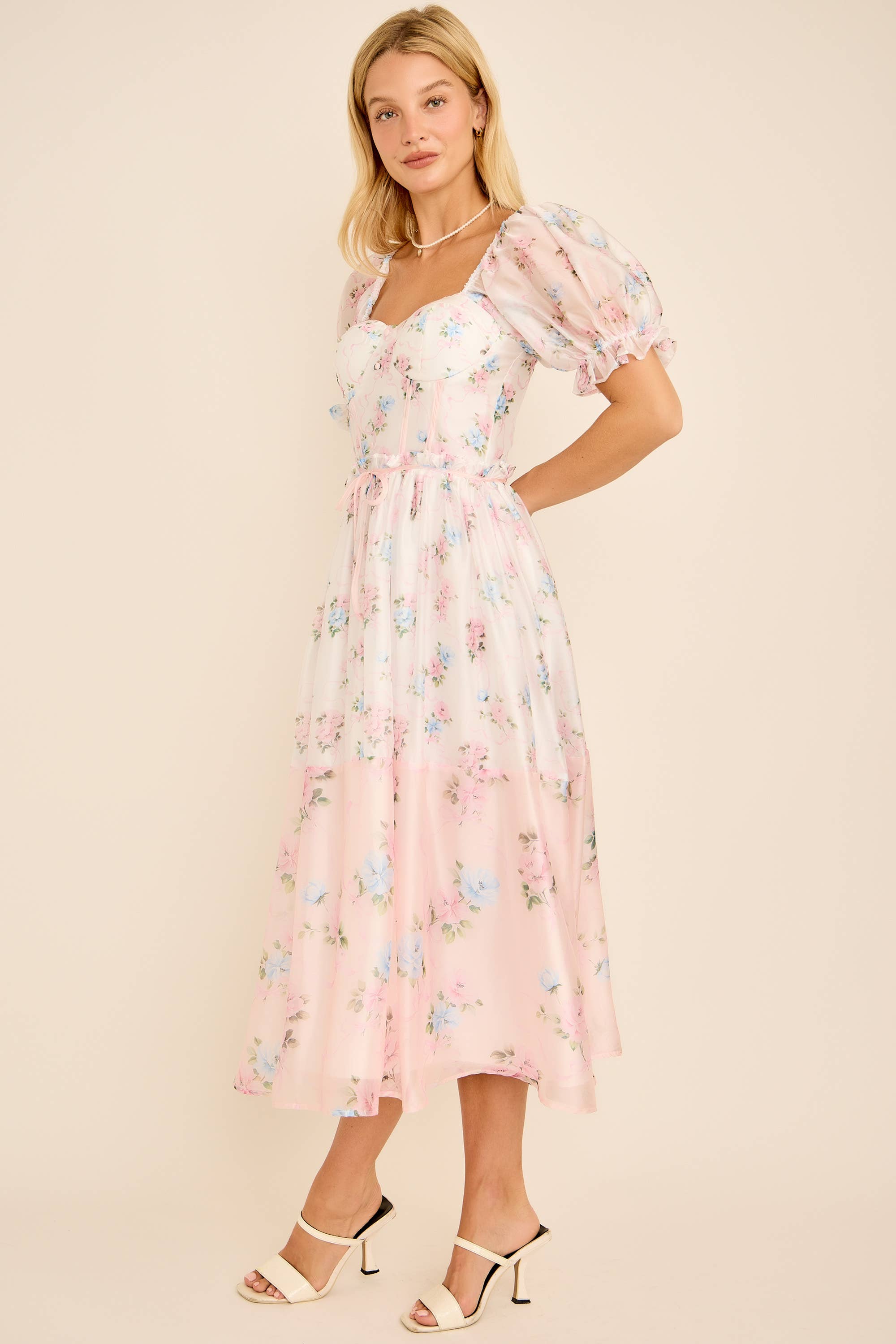 Cassy Floral print colorblock midi dress with puff short sleeves - Image 5