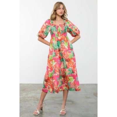 Alternative view of Massey - Puff Sleeve Floral Print Midi Dress