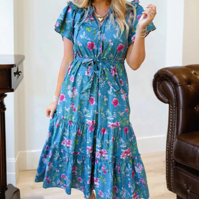 Hadley - Blue Floral Flutter Sleeve Button Tie Split Neck Belted Midi Dress - Image 3