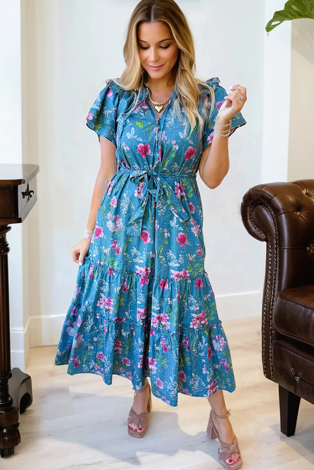 Hadley - Blue Floral Flutter Sleeve Button Tie Split Neck Belted Midi Dress - Image 3