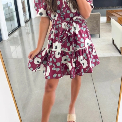 Ronan - Red Floral Print Trimmed Short Puff Sleeve Mini Dress with Tie - Image 5