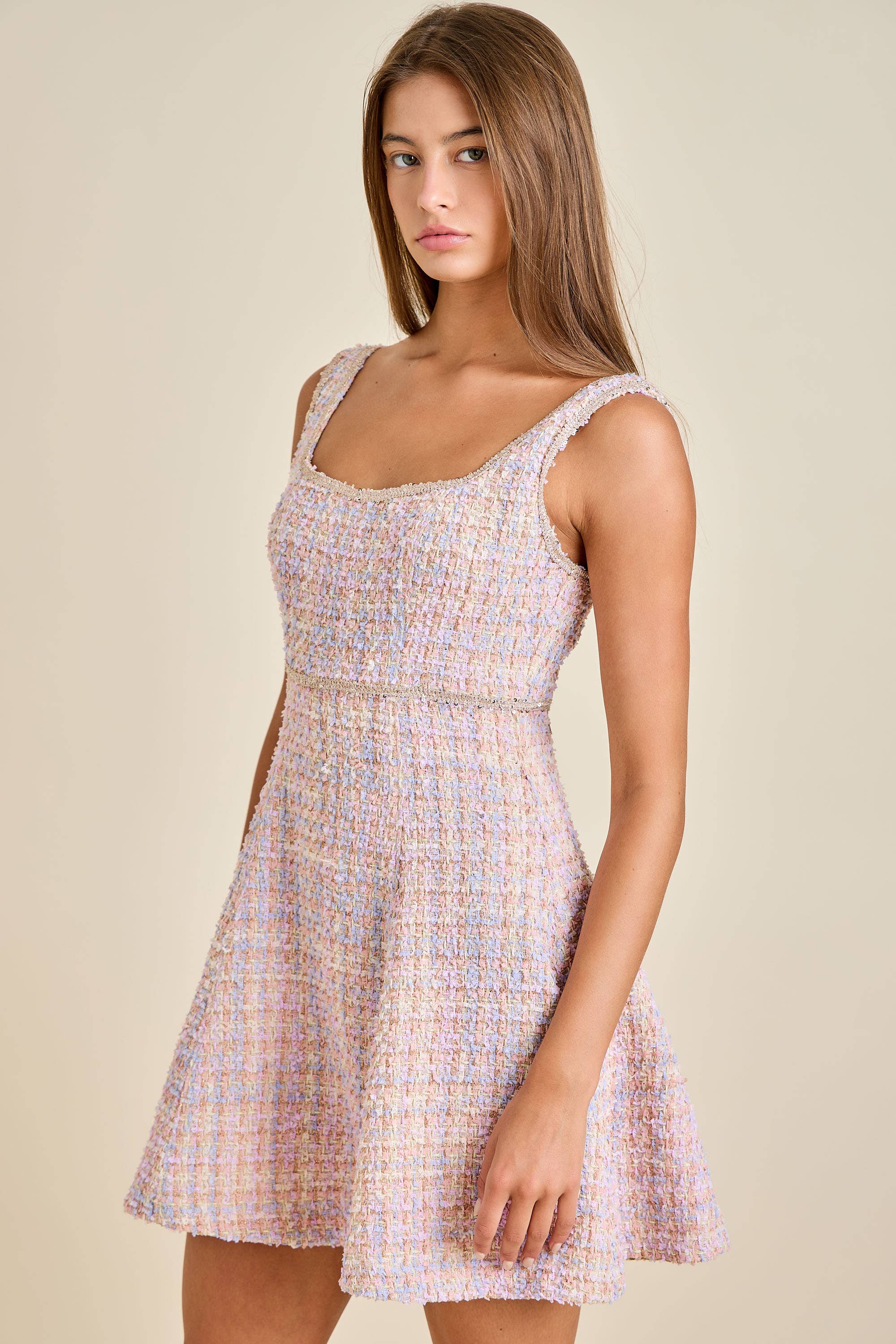 Sloane - Pastel Sequin Braid Detailed Round Neck Tweed Jacket & Mini Dress Set - Image 12