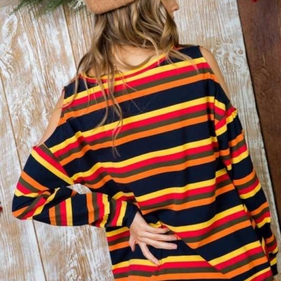 Sally - Multi Print Twist Front Cold Shoulder Knit Top - Image 7