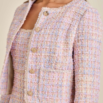 Sloane - Pastel Sequin Braid Detailed Round Neck Tweed Jacket & Mini Dress Set - Image 4