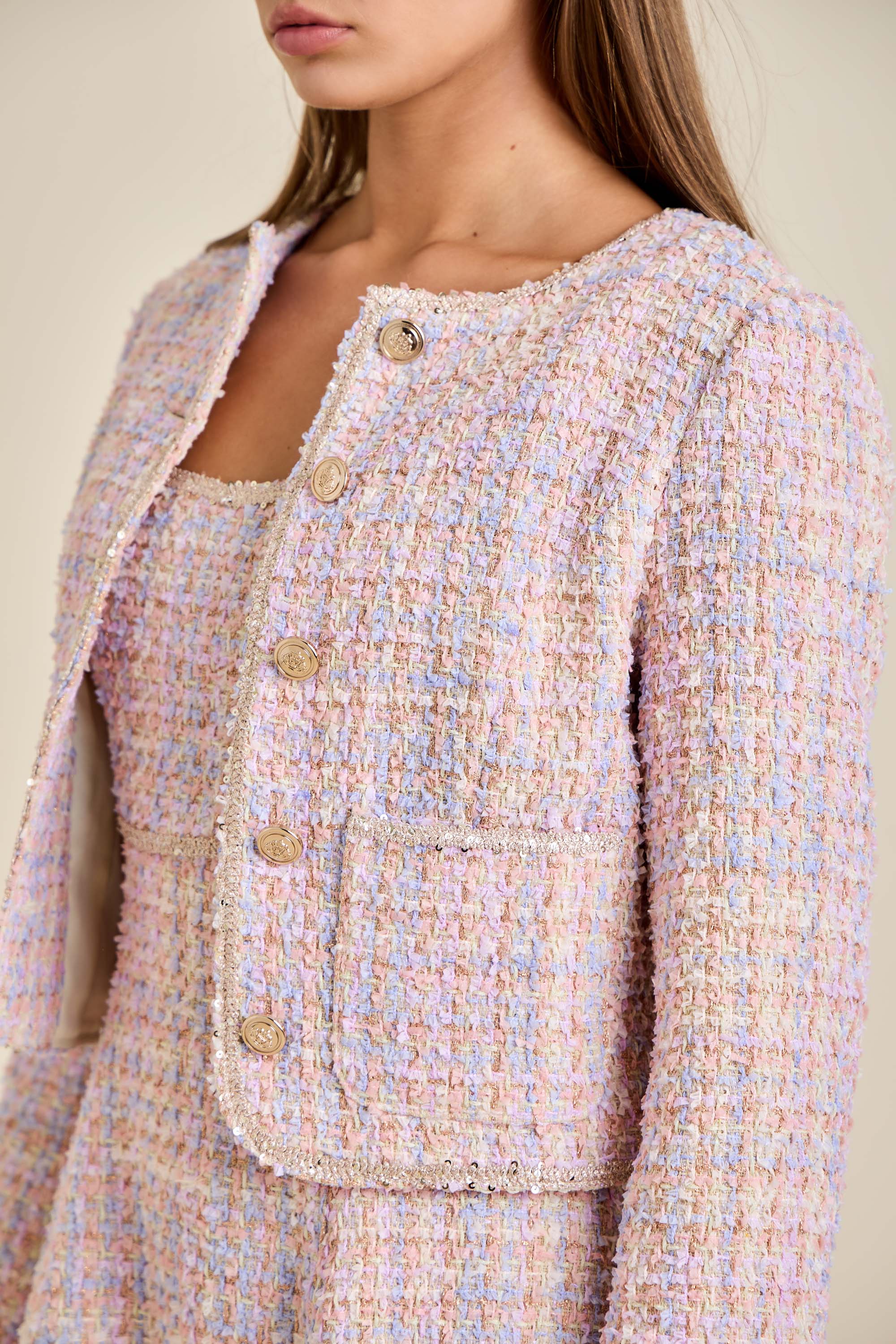 Sloane - Pastel Sequin Braid Detailed Round Neck Tweed Jacket & Mini Dress Set - Image 4