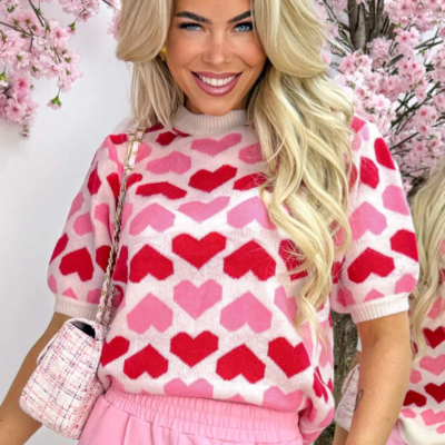 FINAL SALE Rosie - Pink 2-Tone Heart Print Valentine Crew Neck Short Sleeve Sweater - Image 4