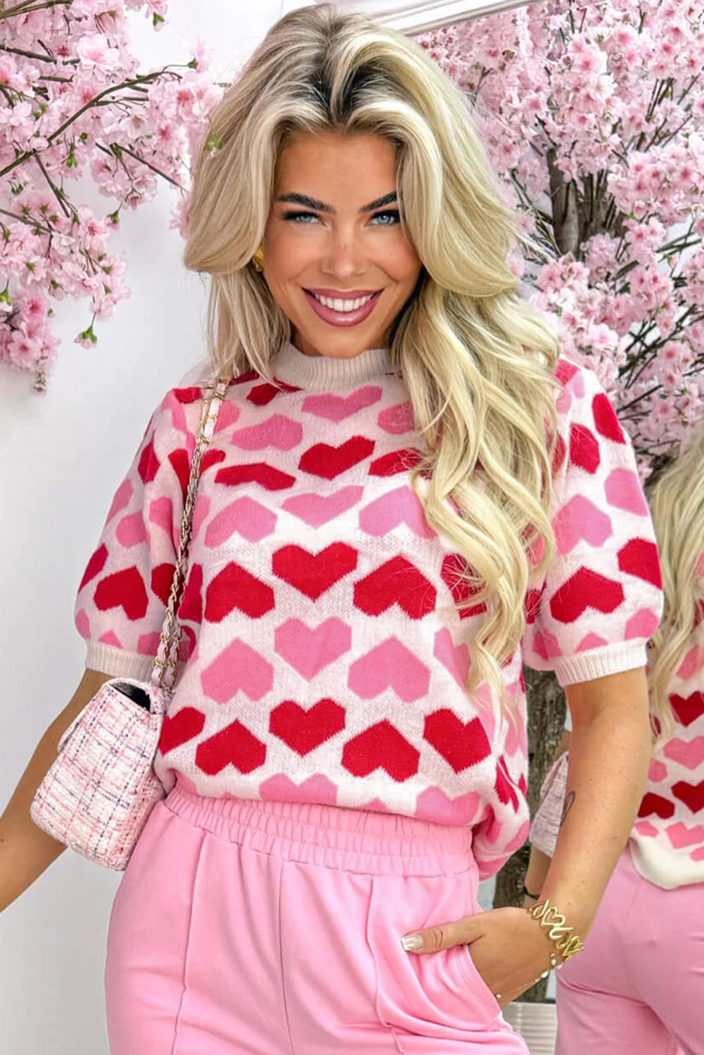 FINAL SALE Rosie - Pink 2-Tone Heart Print Valentine Crew Neck Short Sleeve Sweater - Image 4