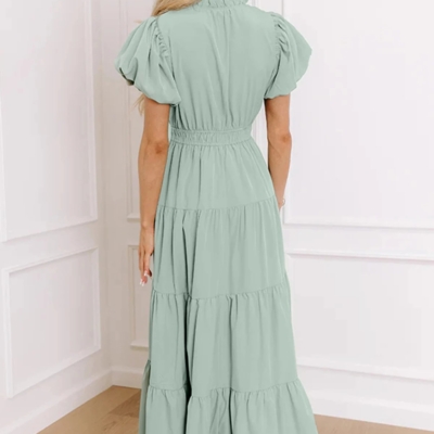 Vanessa - Seafoam V Neck Puff Sleeve Tiered Maxi Dress - Image 3