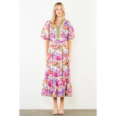 Meg - Puff Sleeve Pattern Tiered Dress - Image 3