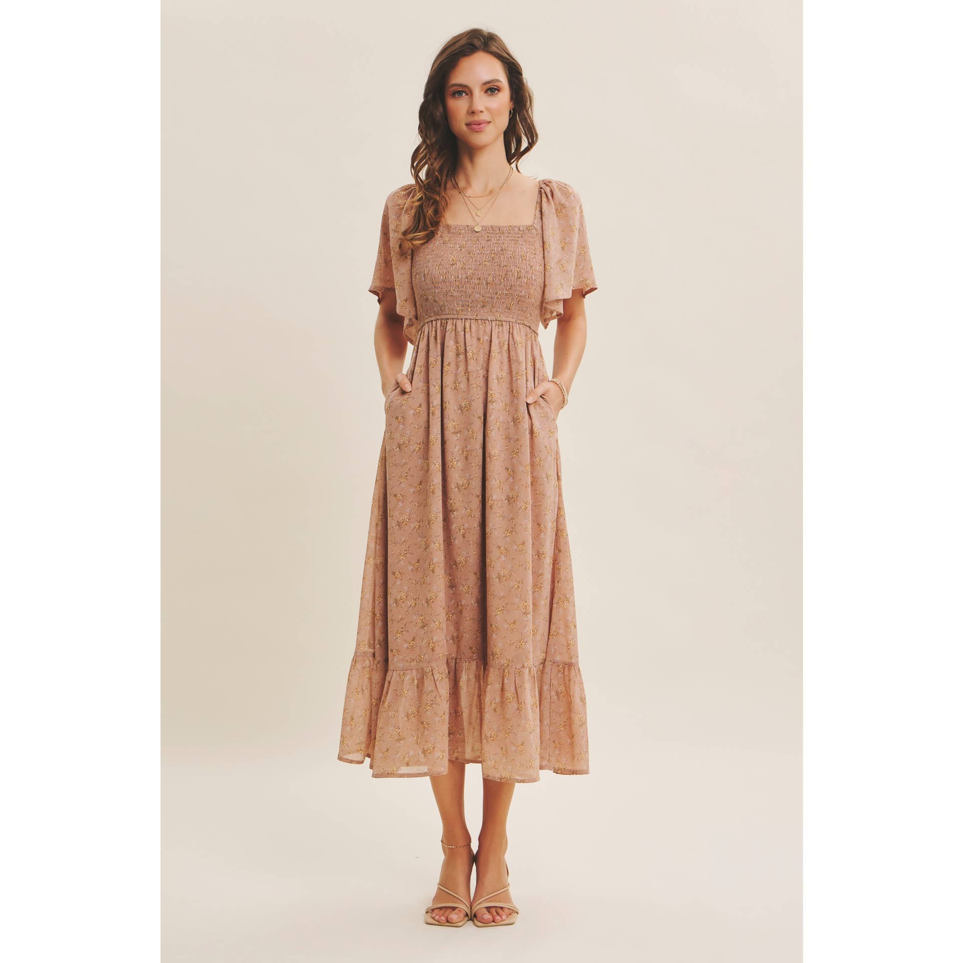 Ariana Square Neck Floral Chiffon Smocked Midi Dress - Image 5