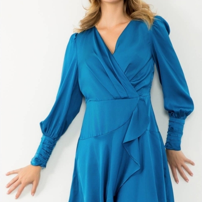 Blue Long Sleeve Flutter Dress - Image 10