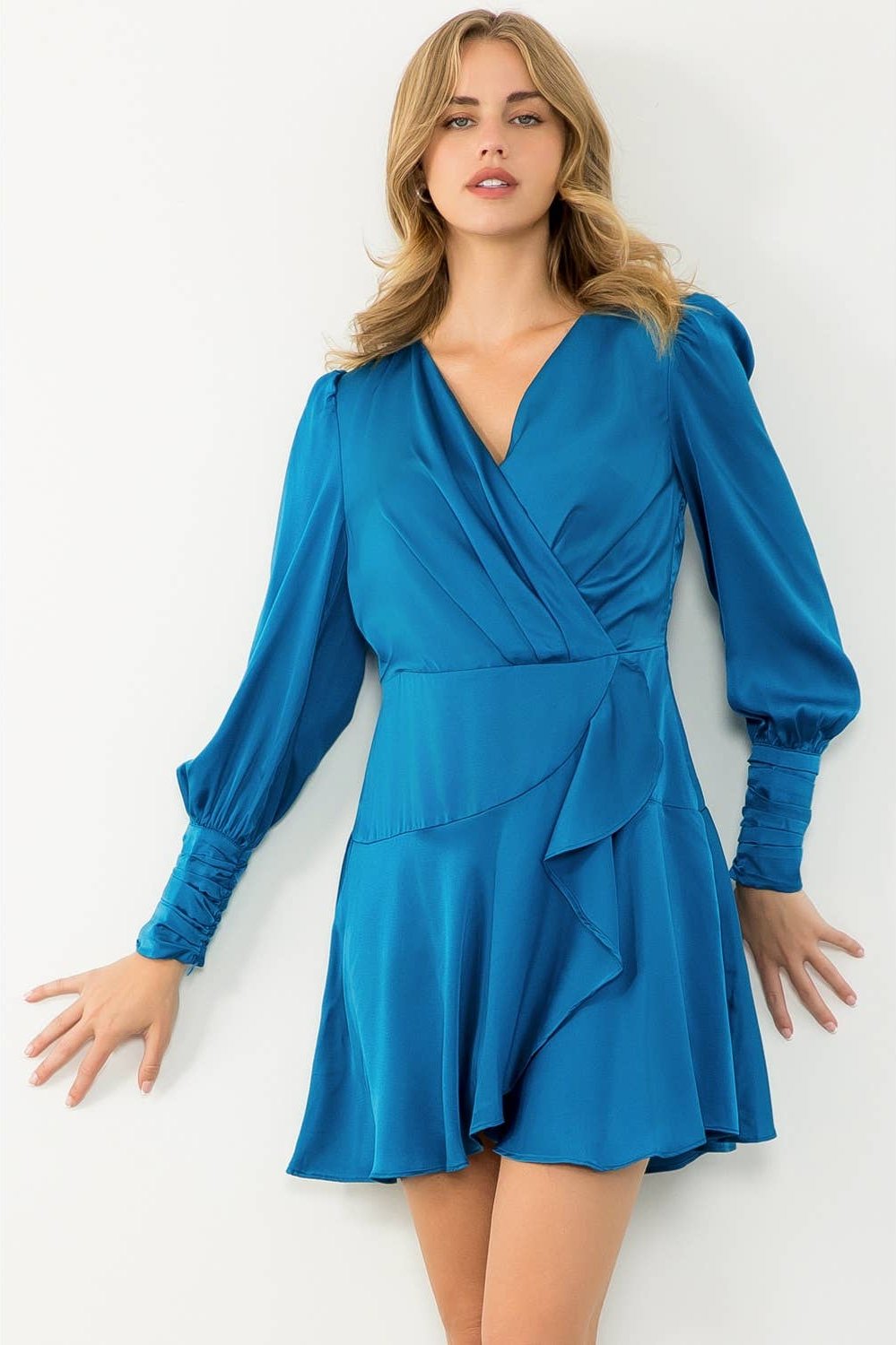Blue Long Sleeve Flutter Dress - Image 10