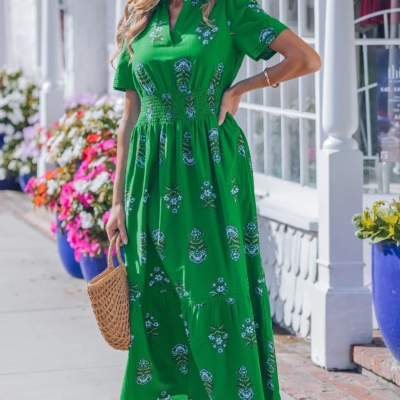 Alternative view of Vickie - Green  Floral Print Split Neck Shirred High Waist Ruffle Hem Maxi Dress