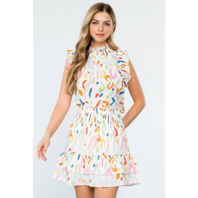 SAVANNAH- White Abstract Print Smocked Ruffle Skirt - Image 3