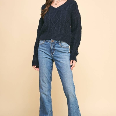 Elizabeth Cable Knit Sweater - Cropped V-Neck, Navy or Camel - Image 12