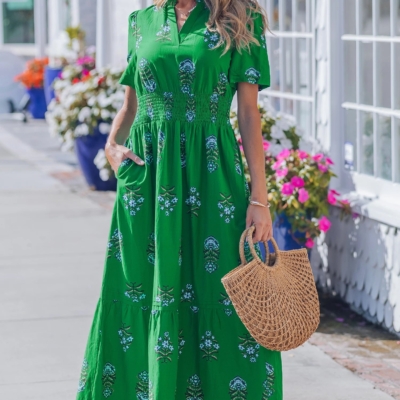 Vickie - Green  Floral Print Split Neck Shirred High Waist Ruffle Hem Maxi Dress