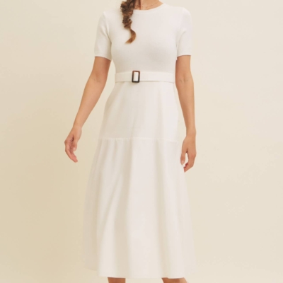 Delaney Sweater Midi Dress - White Mixed Media Dress with Belt - Image 7
