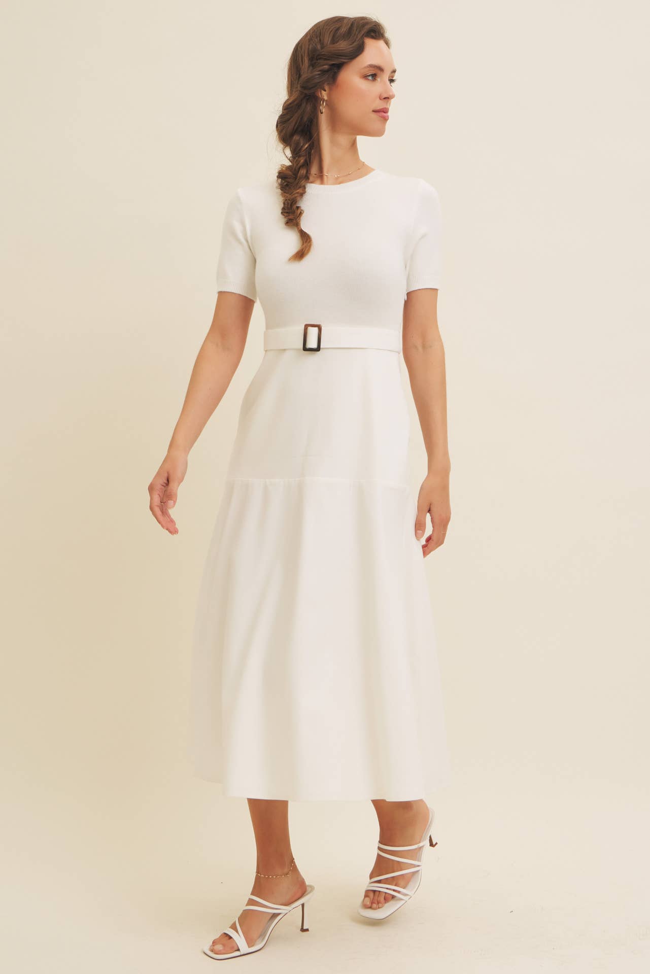 Delaney Sweater Midi Dress - White Mixed Media Dress with Belt - Image 7