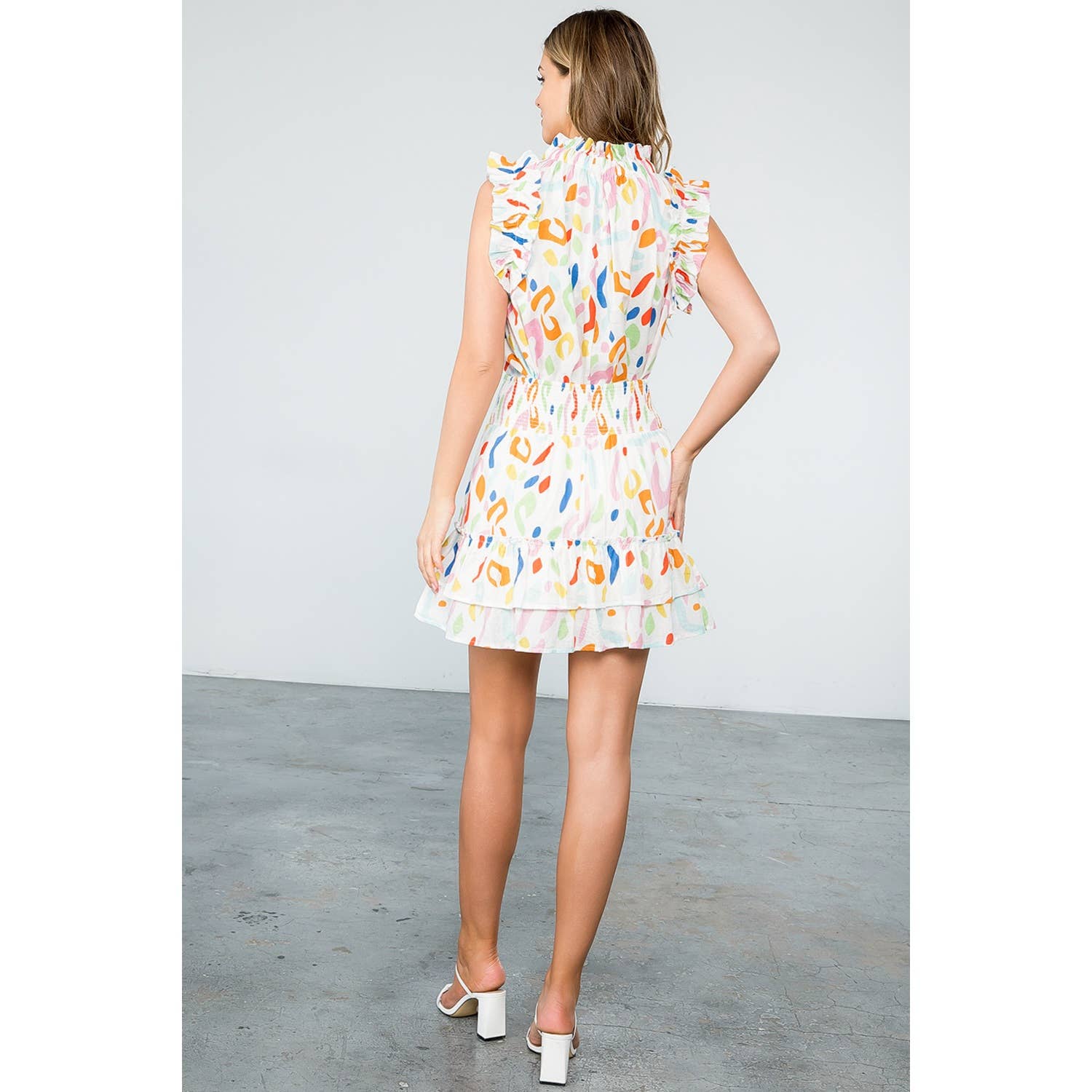 SAVANNAH- White Abstract Print Smocked Ruffle Skirt - Image 5