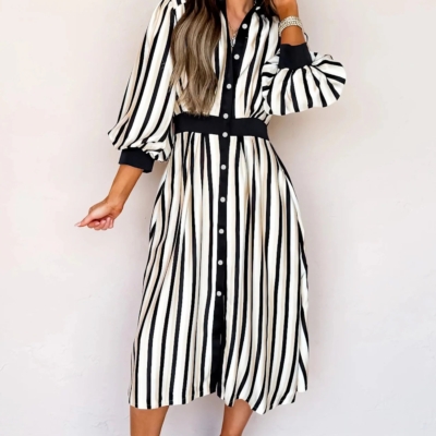 Virginia- Black Stripe 3/4 Puff Sleeve Shirt Style Button Down Midi Dress - Image 5