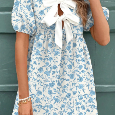 Joanna - Floral Contrast Bow Puff Sleeve Mini Dress