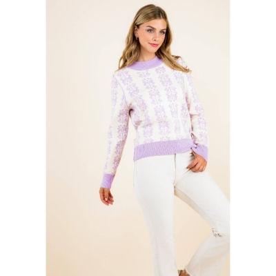 Leyla - Long Sleeve Floral Pattern Knit Pullover Sweater - Image 6