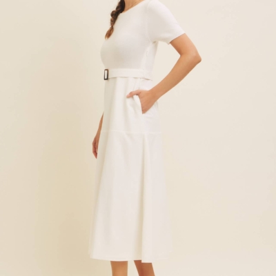 Delaney Sweater Midi Dress - White Mixed Media Dress with Belt - Image 5
