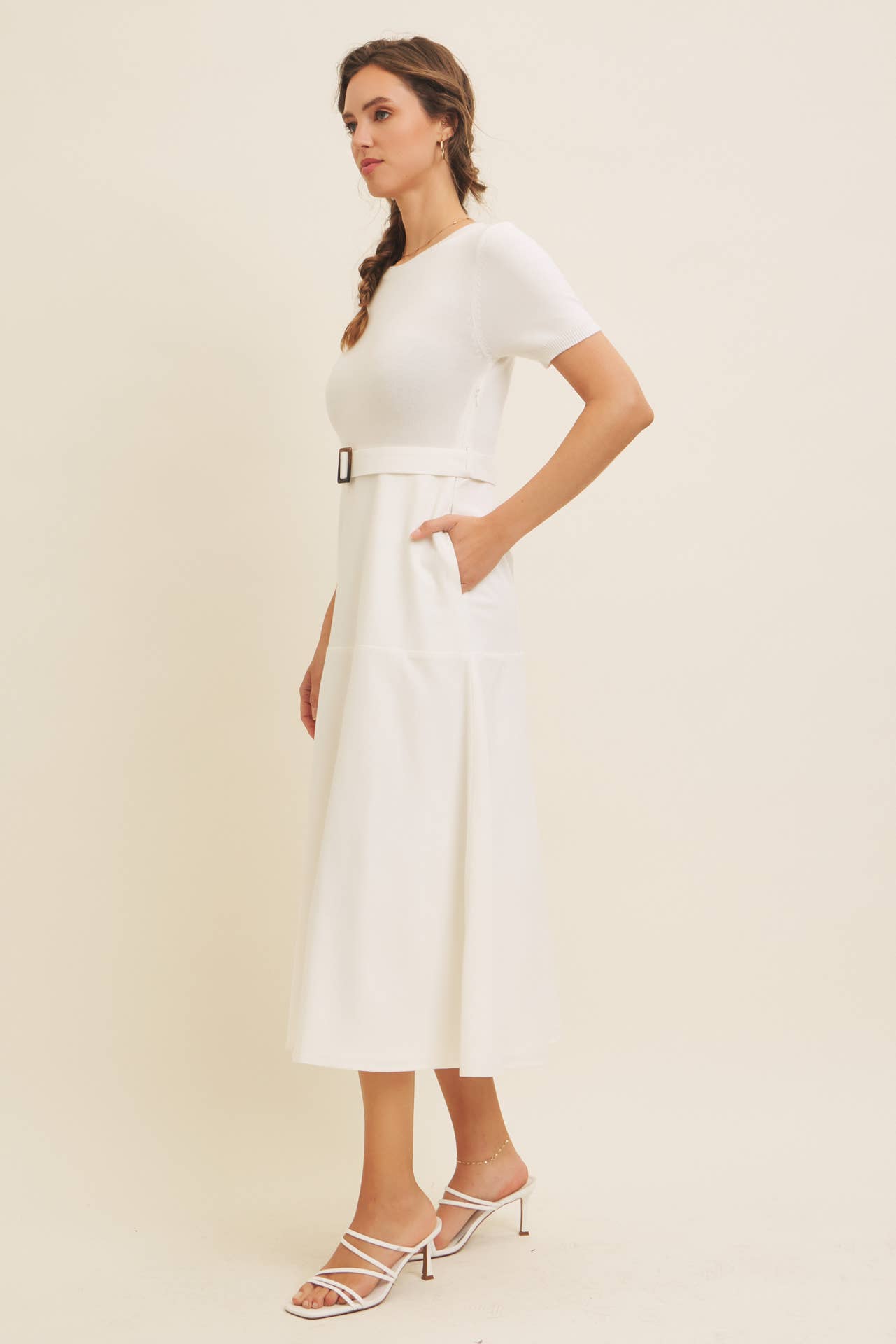 Delaney Sweater Midi Dress - White Mixed Media Dress with Belt - Image 5