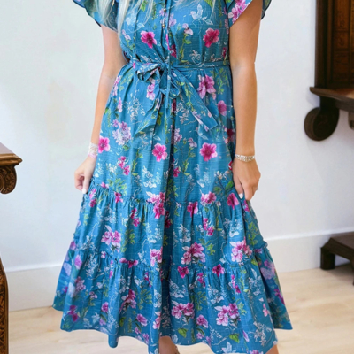 Hadley - Blue Floral Flutter Sleeve Button Tie Split Neck Belted Midi Dress