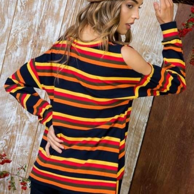 Sally - Multi Print Twist Front Cold Shoulder Knit Top - Image 6