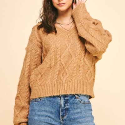 Elizabeth Cable Knit Sweater - Cropped V-Neck, Navy or Camel - Image 3