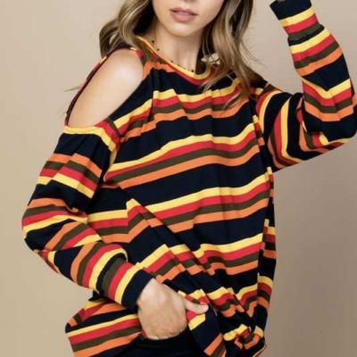 Sally - Multi Print Twist Front Cold Shoulder Knit Top