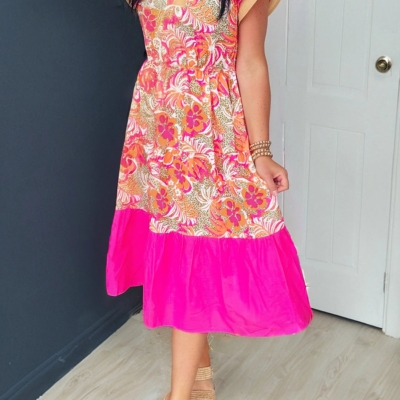 Carol-Pink Floral Print Color Block Ruffled Short Sleeve Flared Midi Dress