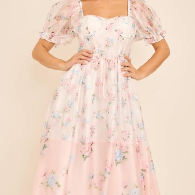 Cassy Floral print colorblock midi dress with puff short sleeves