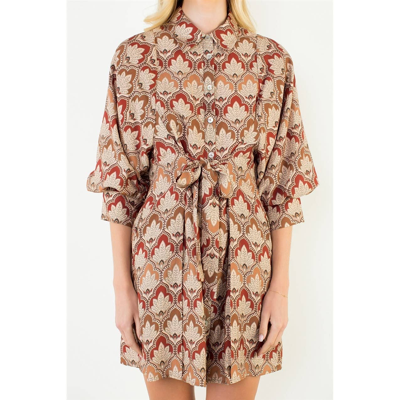 Alina - Long Sleeve Pattern Button Down Dress - Image 4