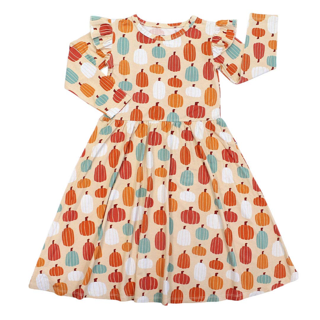 Pumpkin Patch Fall Kids Ruffle Long Sleeve Twirl Dress - Image 2