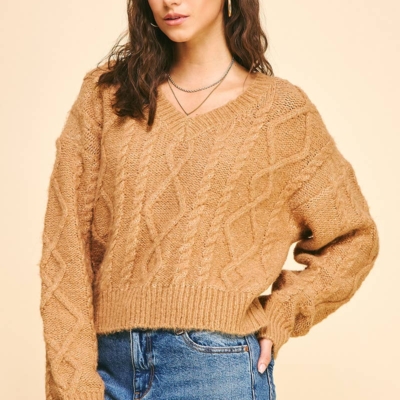 Elizabeth Cable Knit Sweater - Cropped V-Neck, Navy or Camel - Image 4