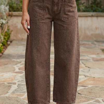 Miranda - Coffee Solid Color Square Patch Pocket Ankle-length Barrel Jeans