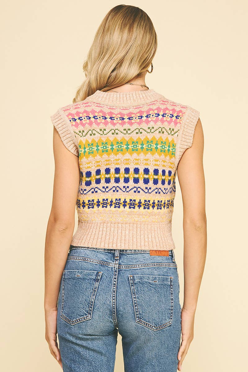 Julia Patterned Sweater Vest - Cropped V-Neck Knit Vest - Image 5