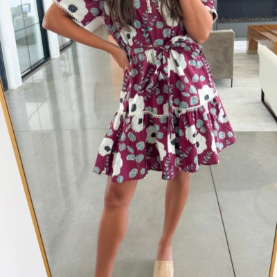 Ronan - Red Floral Print Trimmed Short Puff Sleeve Mini Dress with Tie - Image 6