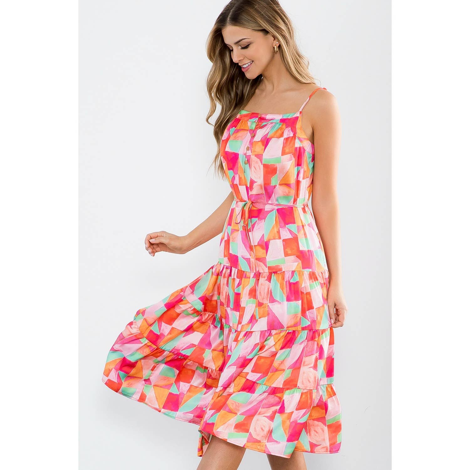ELLIE- Sleeveless Multi Color Tiered Dress in Abstract Print - Image 2