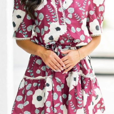Ronan - Red Floral Print Trimmed Short Puff Sleeve Mini Dress with Tie - Image 3