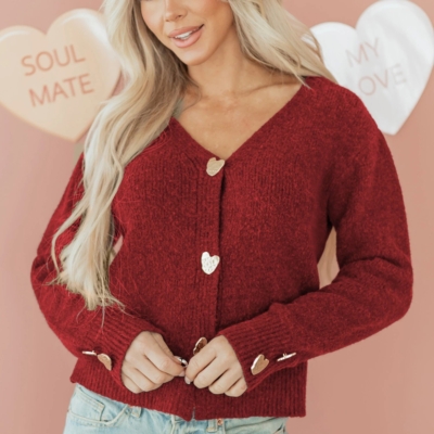 Margo Red Cardigan - Gold Heart Button V-Neck Knit - Image 8